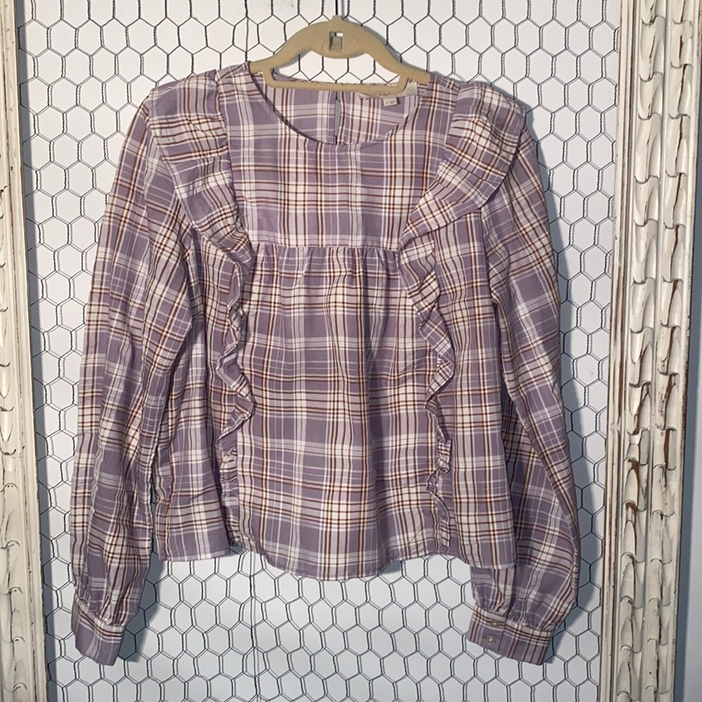 LOFT Plaid Ruffle Top - Picture 4 of 10
